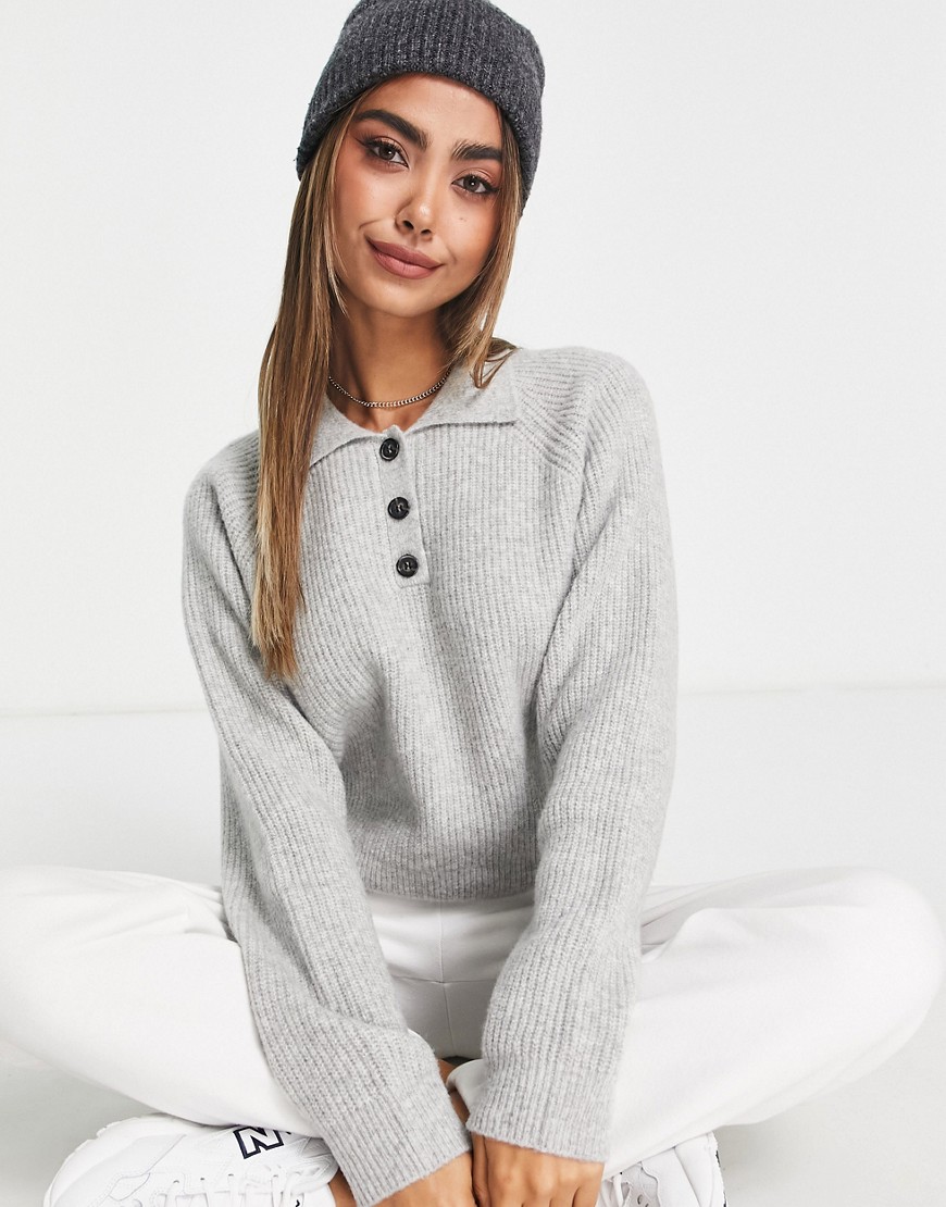 Monki knitted polo sweater in gray melange