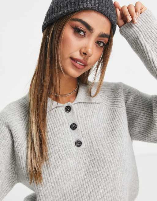 Monki knitted polo sweater in grey melange | ASOS