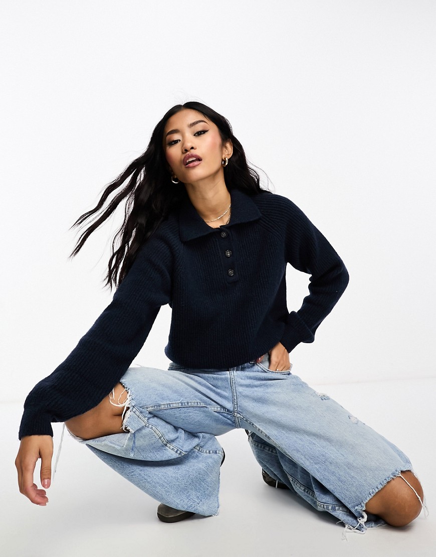 Monki Knitted Polo Sweater In Navy