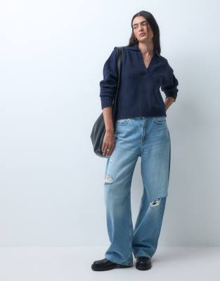 Monki Knitted Polo Sweater In Navy