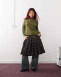 [Monki] Monki knitted raglan sleeve sweater in khaki with contrast jacquard heart and stripe-Neutral L Khaki