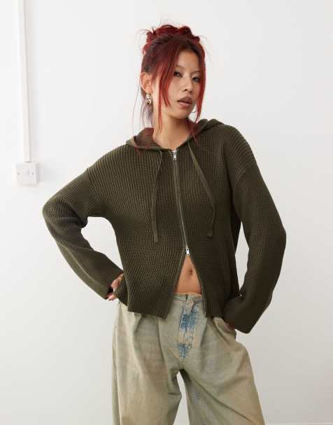 Monki knitted rib hoodie zip up cardigan in green - view 1