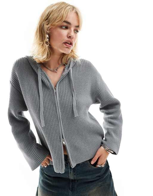 Monki rib knit hoodie zip up cardigan in heather gray