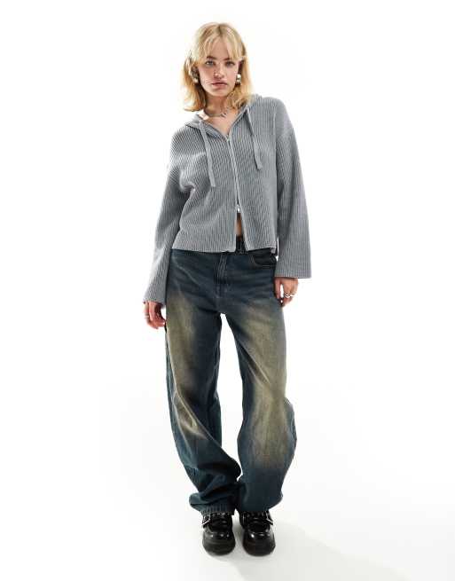 Monki rib knit hoodie zip up cardigan in heather gray