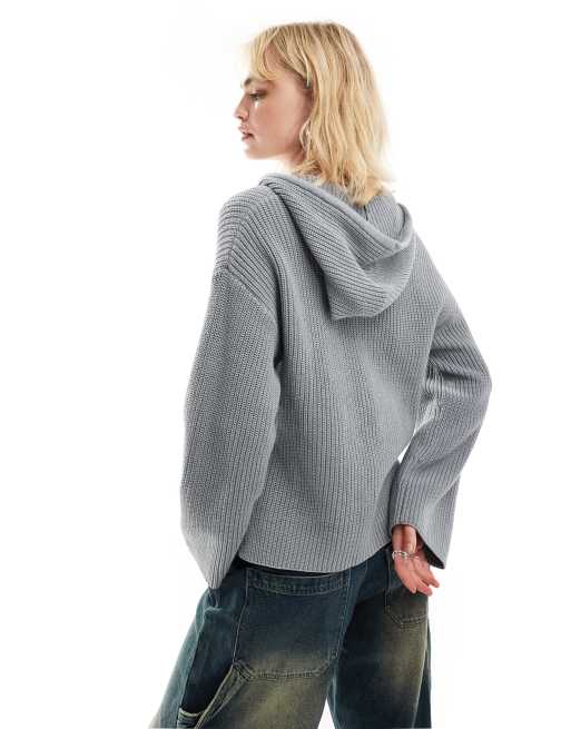 Monki knitted rib hoodie zip up cardigan in grey melange ASOS