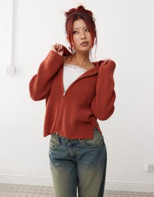 Monki Knitted Rib Hoodie Zip Up Cardigan In Rust Red