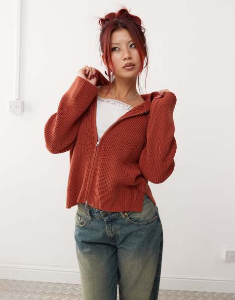 Monki knitted rib hoodie zip up cardigan in rust red - view 1