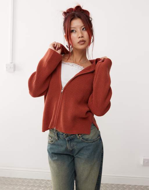 Monki knitted rib hoodie zip up cardigan in rust red