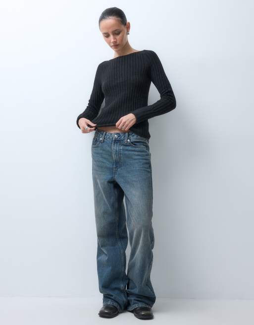Monki knitted rib jumper in black, 3 of 5