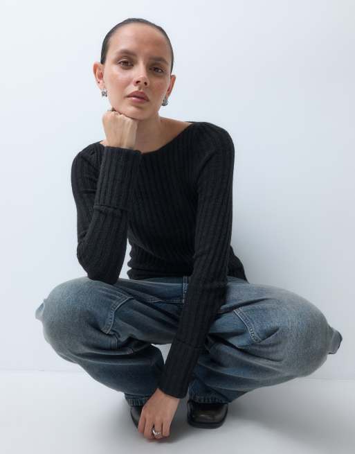 Monki knitted rib jumper in black, 5 of 5