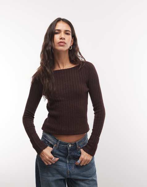 Monki knitted rib jumper in burgundy - view 1