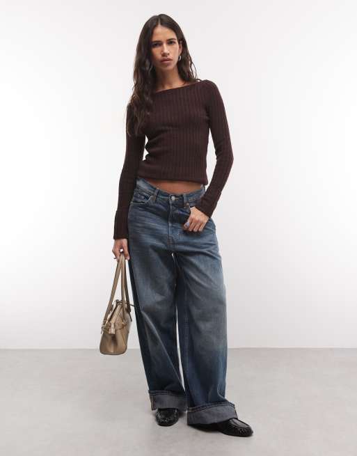 Monki knitted rib jumper in burgundy, 2 of 4