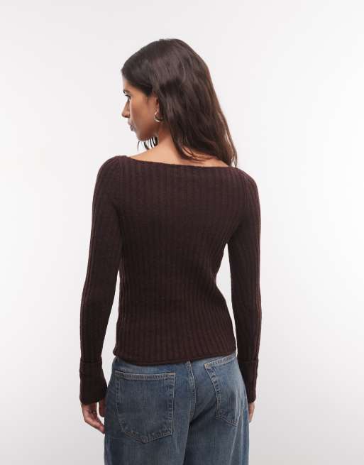 Monki knitted rib jumper in burgundy, 4 of 4