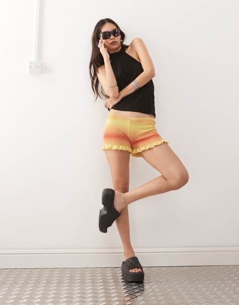Monki knitted shorts with lettuce hem in red and yellow space dye stripe - view 1