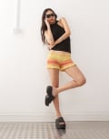 [Monki] Monki knitted shorts with lettuce hem in red and yellow space dye stripe 2XS Red