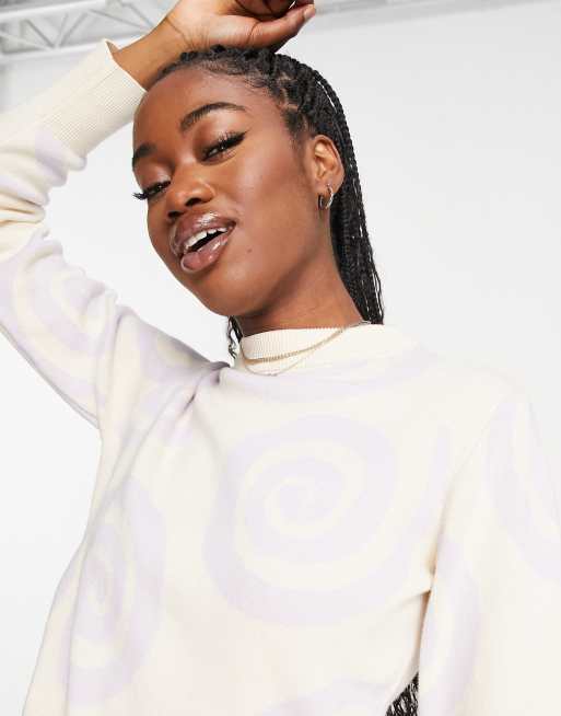 Monki knitted sweater in beige and purple swirl print | ASOS