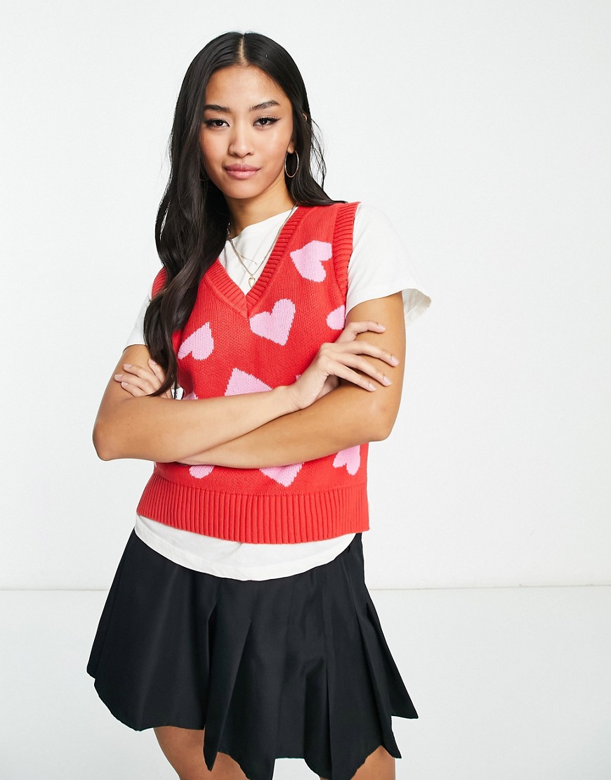 Monki knitted sweater vest in red with pink hearts