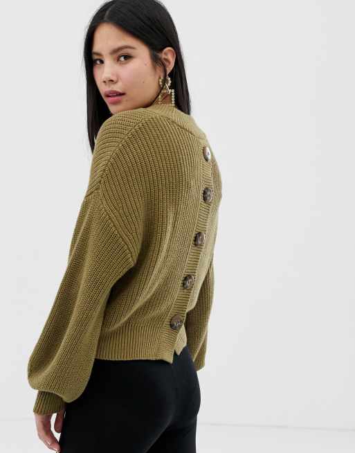 Monki knitted sweater with button back detail in khaki | ASOS