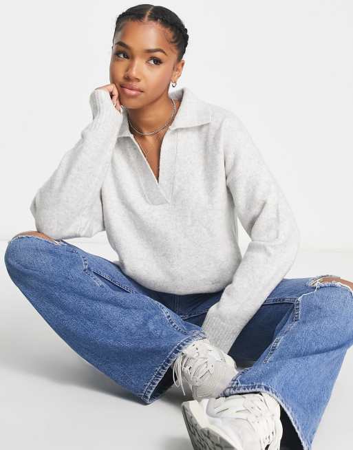 Monki knitted sweater with polo collar in gray