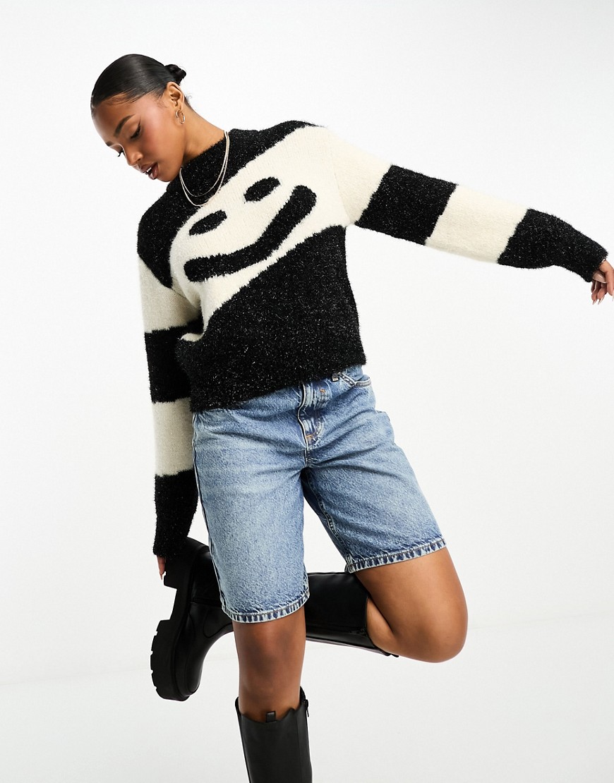 Monki knitted sweater with volume sleeves in glitter mono stripe yarn-Black