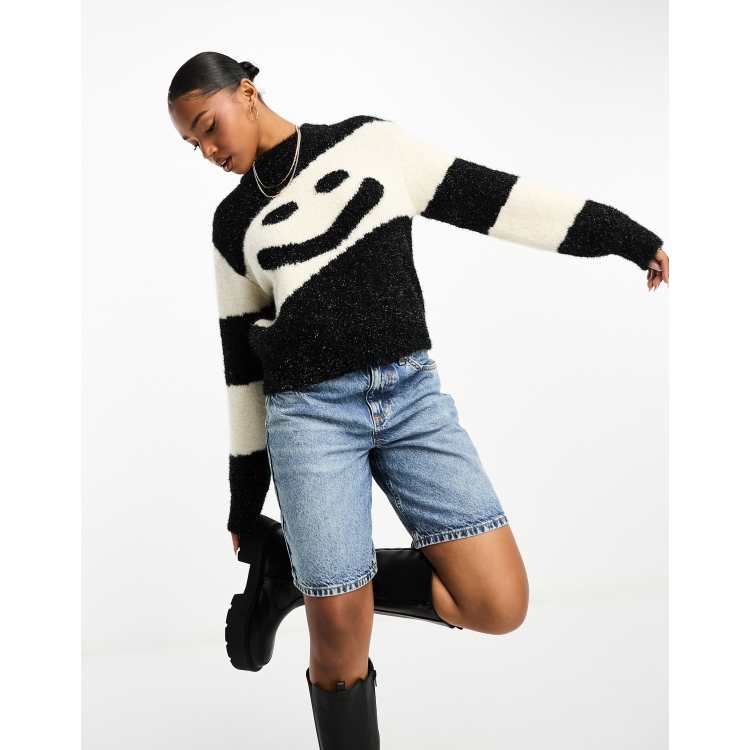 Monki knitted sweater with volume sleeves in glitter mono stripe yarn ASOS