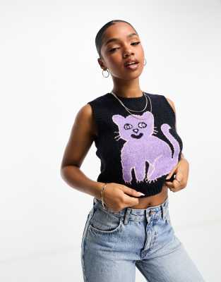 Monki Knitted Tank Top With Jacquard Cat Placement-multi