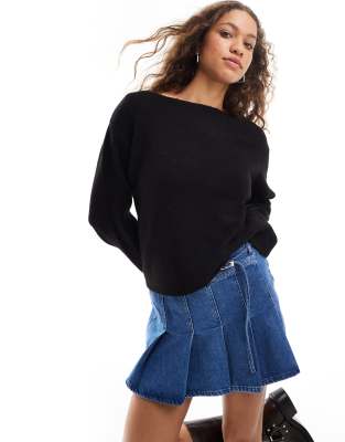 Monki knitted top with off shoulder boat neck in black