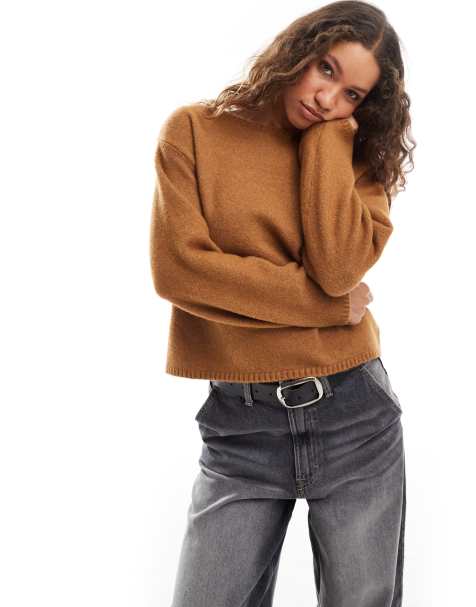 Monki knitted top with off shoulder boat neck in brown melange - view 1