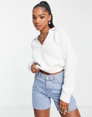 Monki knitted v-neck polo collar sweater in off white