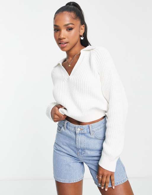 Women's Monki Crew Neck Long Sleeve Crop Sweater, Size S - Off