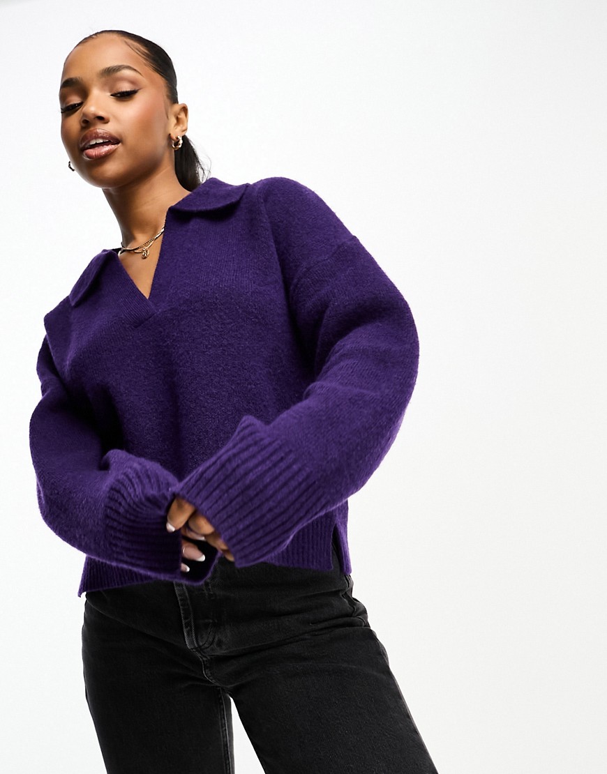 Monki knitted v-neck polo collar sweater in purple