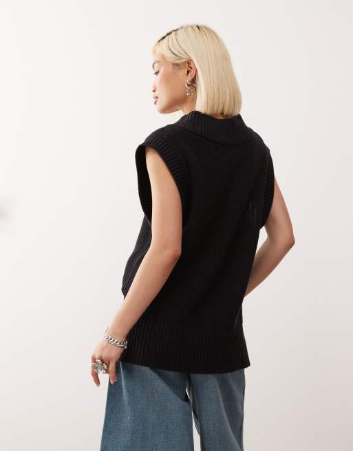 Monki knitted varsity jumper vest in black, 3 of 4