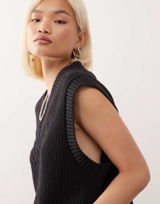 Monki knitted varsity jumper vest in black, 4 of 4
