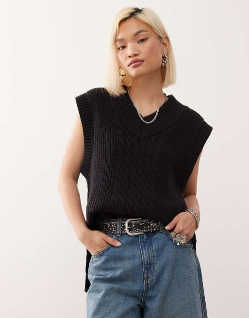 Monki knitted varsity singlet in black