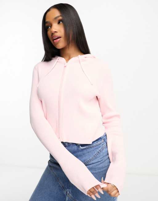 Monki knitted zip through cardigan with hood in pink