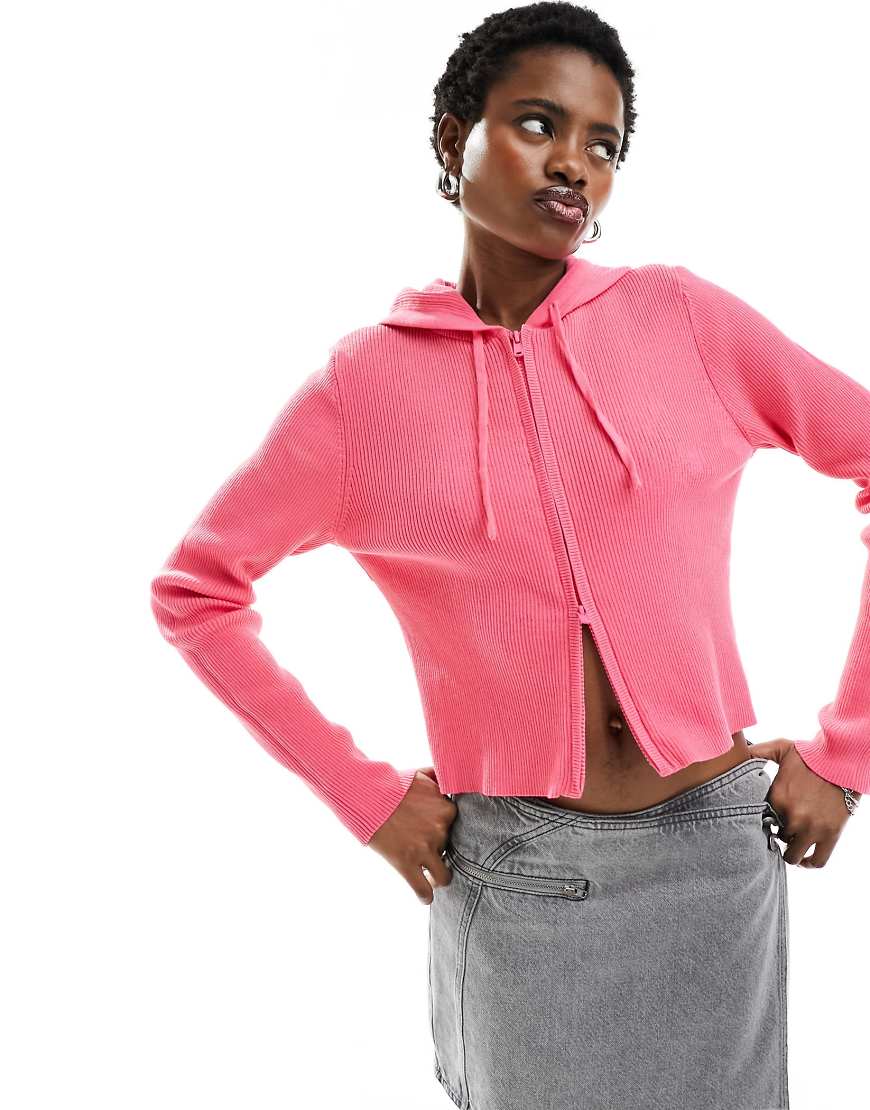 knitted zip through cardigan with hood in pink