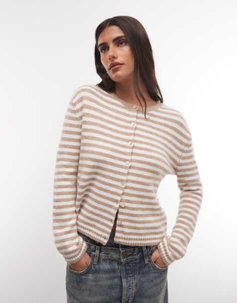 Monki kompakte Strickjacke mit beigen und cremefarbenen Streifen - view 1
