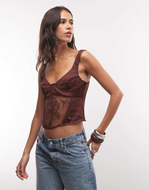 Monki Korsett-Top aus Satin mit Spitze zum Schnüren in Burgunderrot - view 1