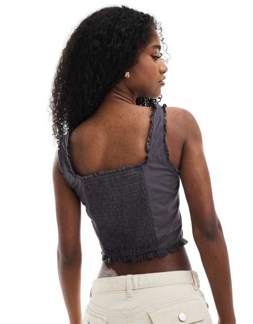 Monki – Korsett-Top in verblichenem Schwarz mit Rüschenrand aus Spitze und Schnürdetail, 4 von 4