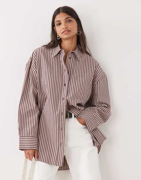 Monki – Koszula oversize z długimi rękawami w bordowe paski - view 1