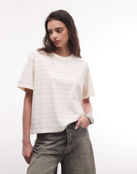 Monki – Kremowo-liliowy T-shirt oversize o pudełkowym kroju w paski - view 1
