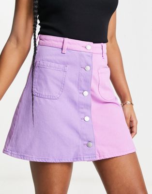 Monki denim colourblock mini skirt in lilac - ASOS Price Checker