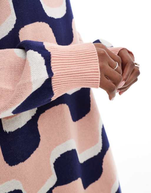Monki – Kurzes Oversize-Strickkleid aus Jacquard in Blau und Rosa mit wellenförmigem Streifenmuster, 3 von 4