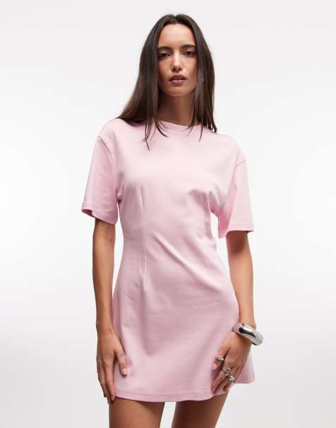 Monki – Kurzes T-Shirt-Kleid in Hellrosa mit geraffter Taille - view 1