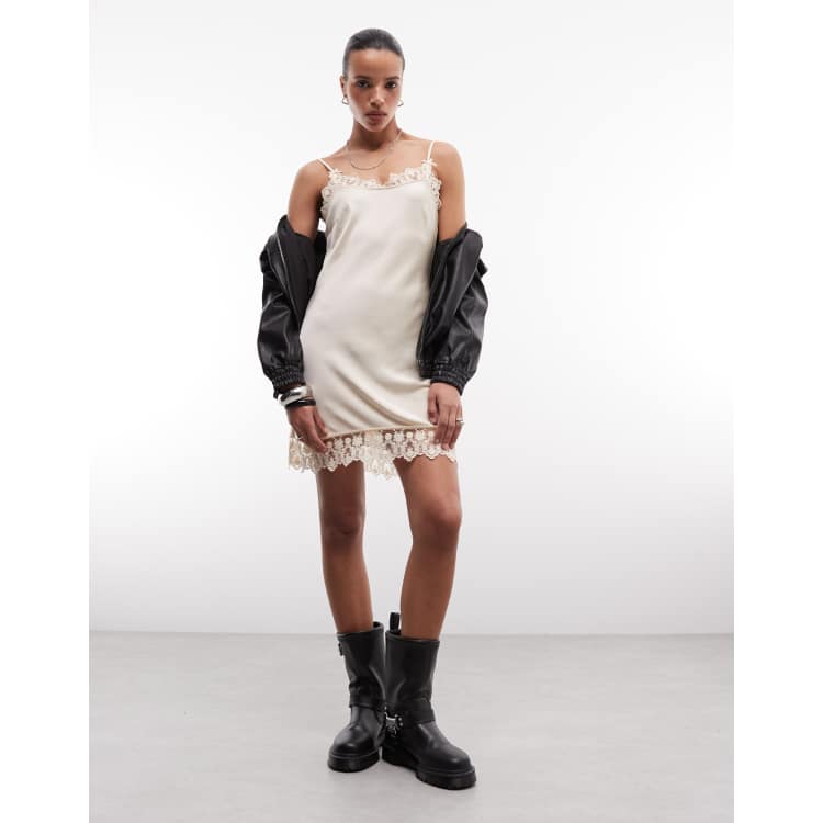 knee length dresses for ladies Vilarica Mini Slip Dress in Satin Pearled Ivory with Lace
