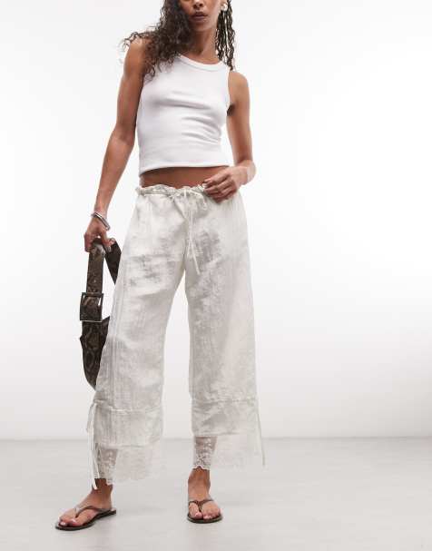 Monki lace detail textured balloon trousers in white - view 1