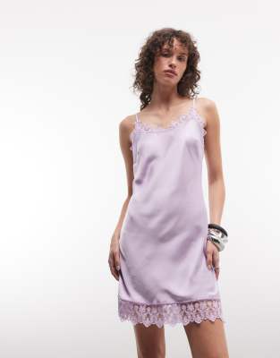 Monki Lace Detailing Satin Mini Slip Dress In Purple