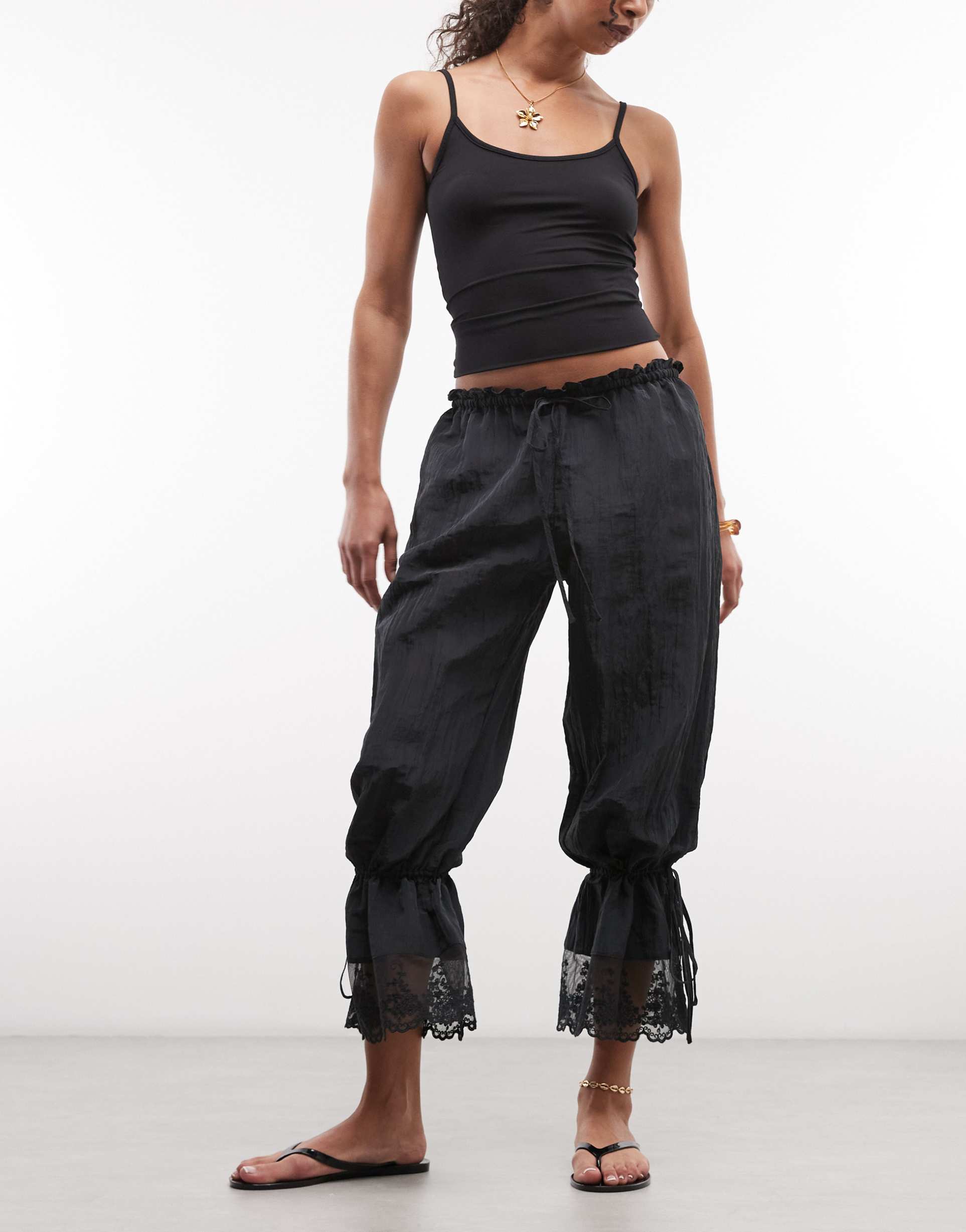 monki lace detailing textured balloon pants in black