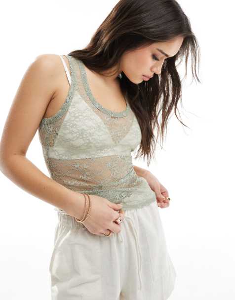Monki lace singlet with racer back in khaki - view 1