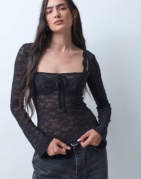 Monki lace square neck long sleeve top in black exclusive to ASOS - view 1